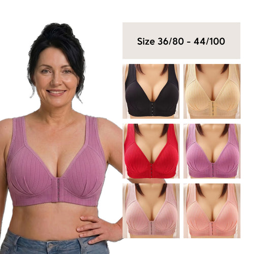 Big Size Front Buckle Wireless Bra Soft Ribbed Cotton Bra for Middle-Aged Senior Women Comfort