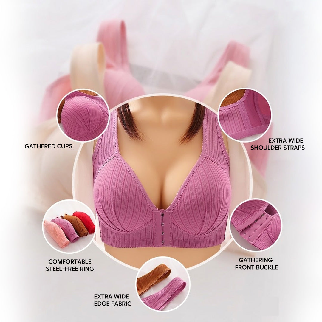 Big Size Front Buckle Wireless Bra Soft Ribbed Cotton Bra for Middle-Aged Senior Women Comfort