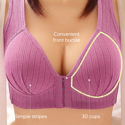 Big Size Front Buckle Wireless Bra Soft Ribbed Cotton Bra for Middle-Aged Senior Women Comfort