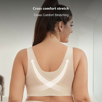 Women Plus Size Front Buckle Bra Wireless Posture Support Back Lifting Push Up Bra Fits Up To 107kg