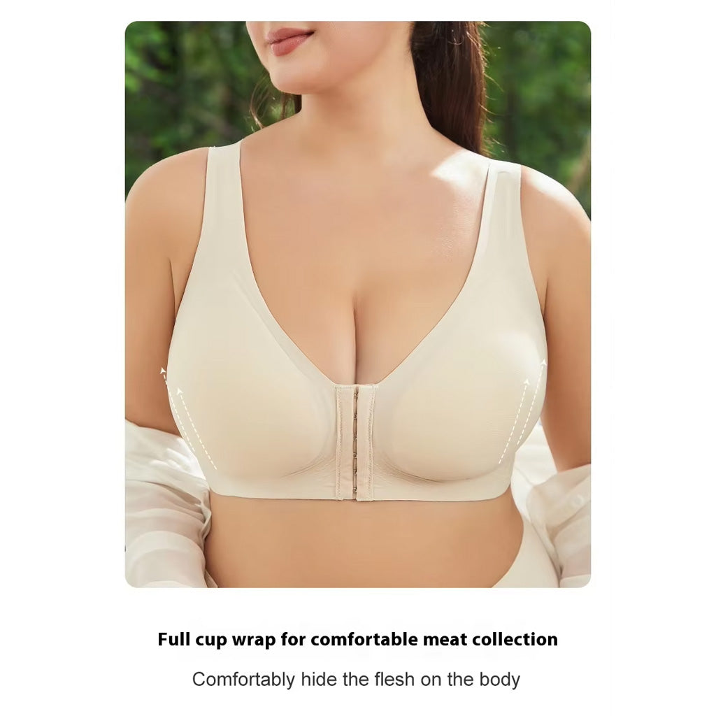 Women Plus Size Front Buckle Bra Wireless Posture Support Back Lifting Push Up Bra Fits Up To 107kg