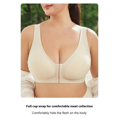 Women Plus Size Front Buckle Bra Wireless Posture Support Back Lifting Push Up Bra Fits Up To 107kg