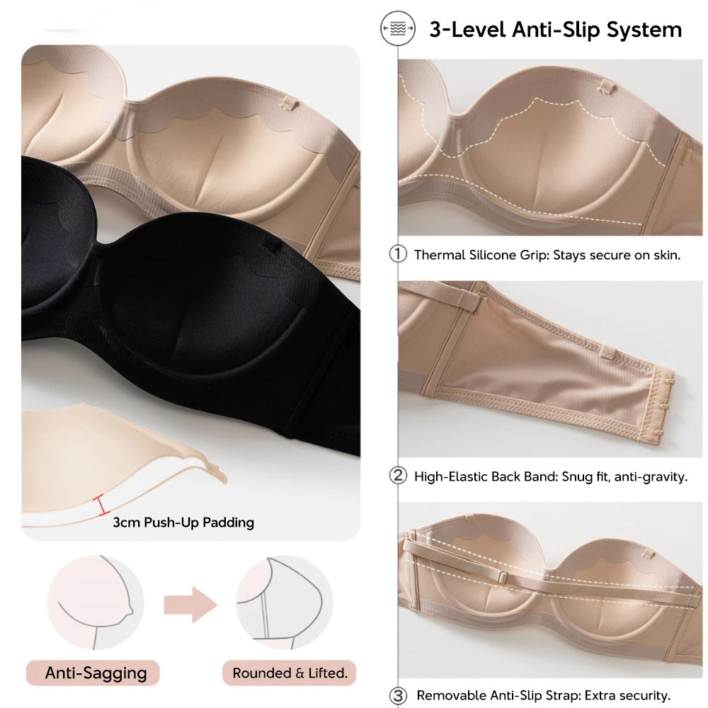 Anti-Slip Strapless Bra Wireless Push Up Bra 3cm Padding Seamless Bandeau Bra Multiway Invisible Bra